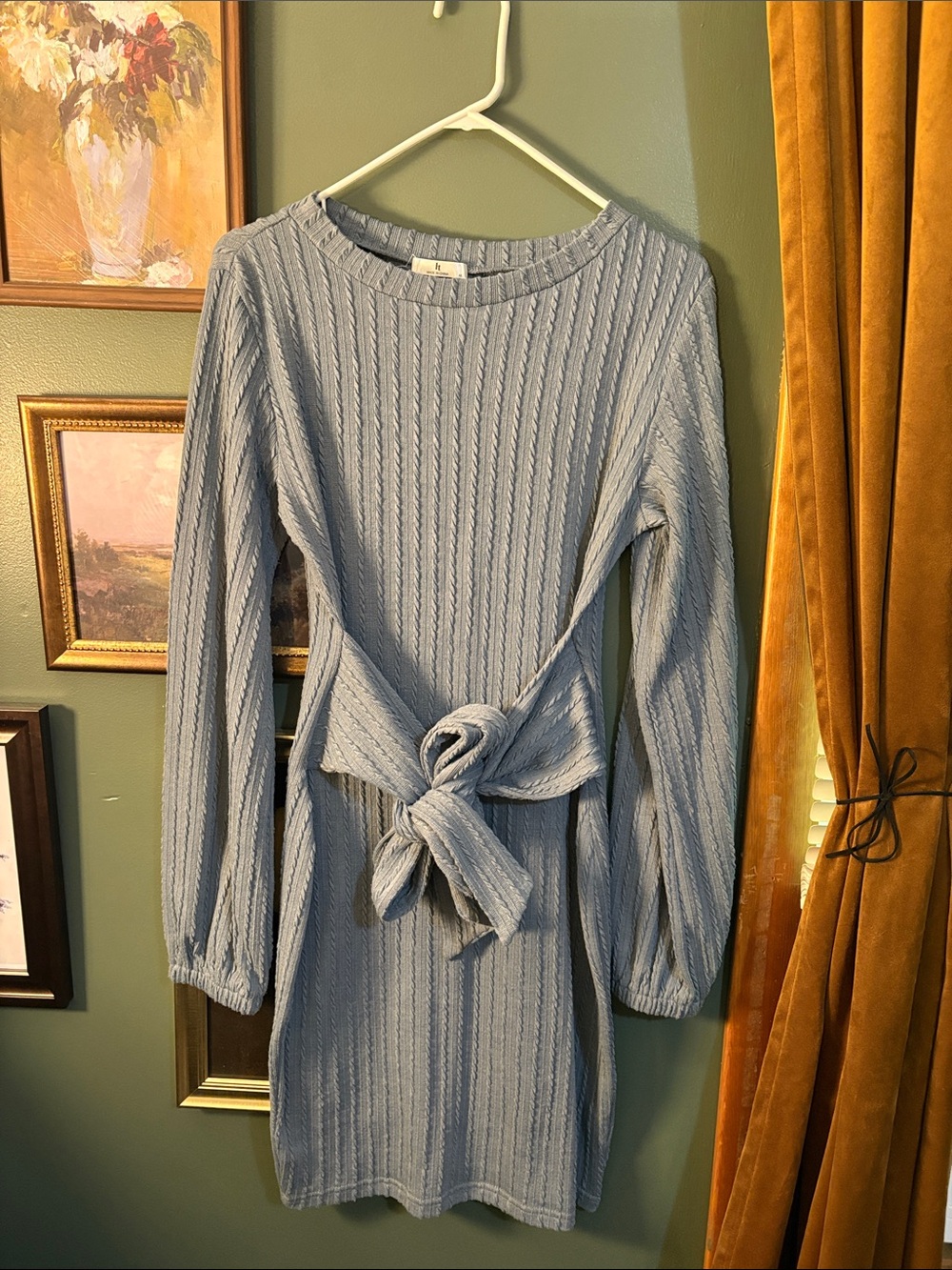 Long-Sleeve Tie-Waist Ribbed Dress - Light Blue